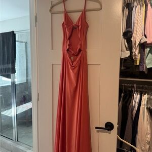 Maygel Coronel Spaghetti-Strap Maxi Dress in Coral with Front Cutouts